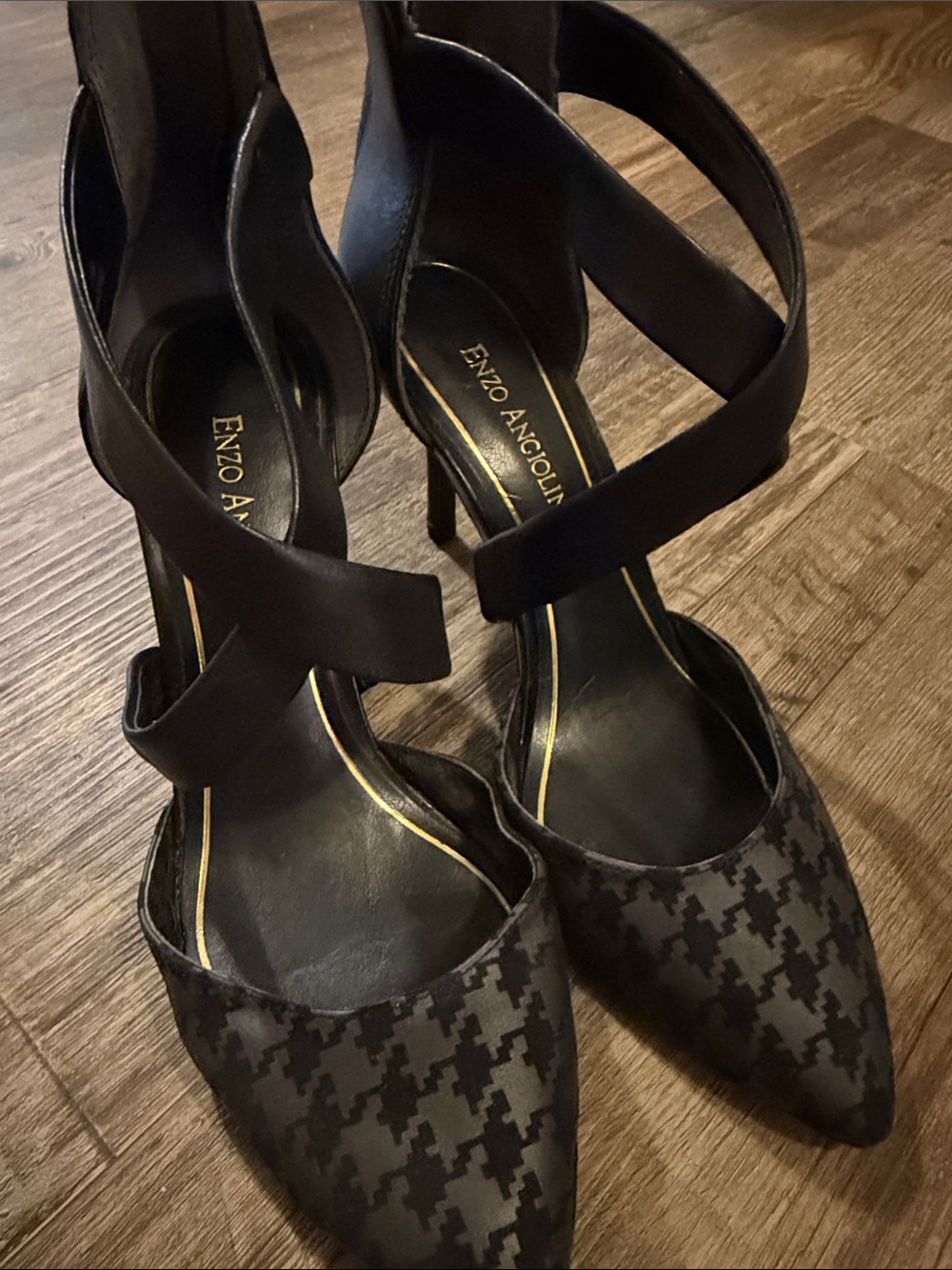 Enzo Angiolini Black Houndstooth Pointed Toe Crisscross Strap Heels